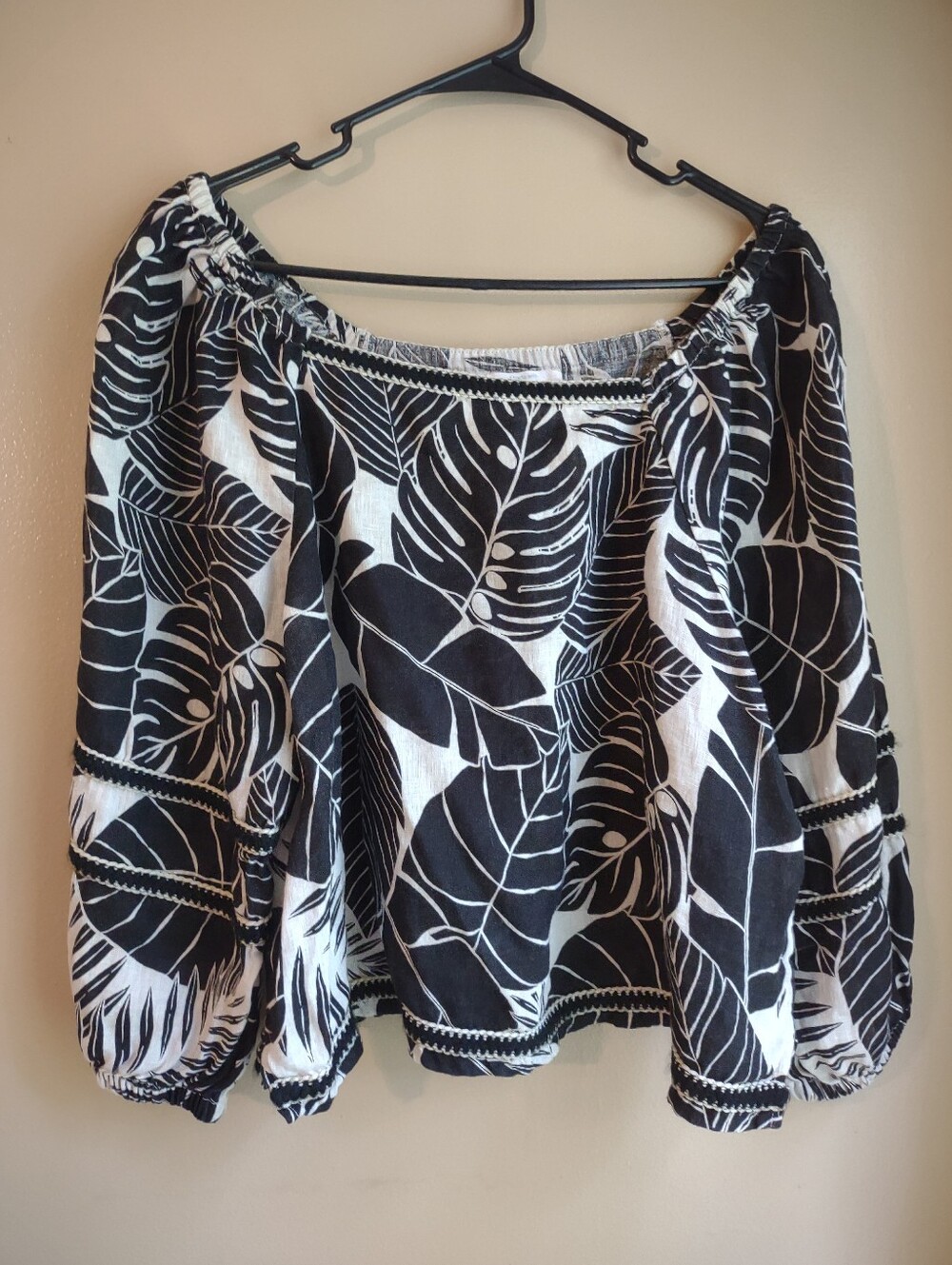CYNTHIA ROWLEY 100% Linen Tropical Monstera Leaf Print Blouse - Large